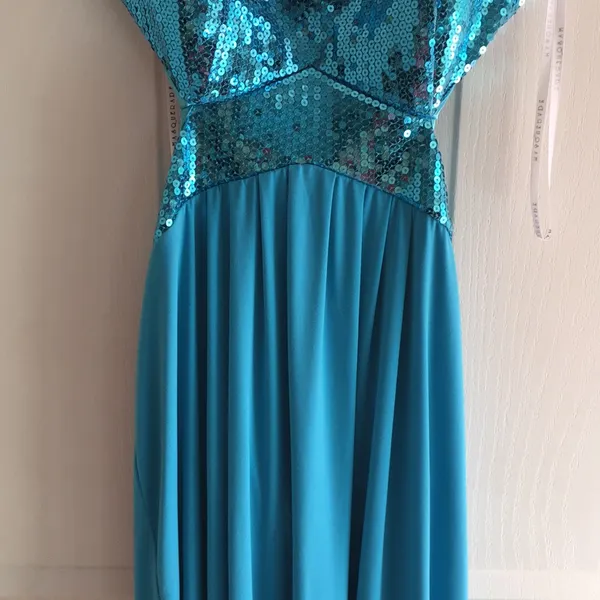 New Masquerade Formal or Prom Halter Shimmery Sequins Dress Turquoise Blue 3/4 - Image 10