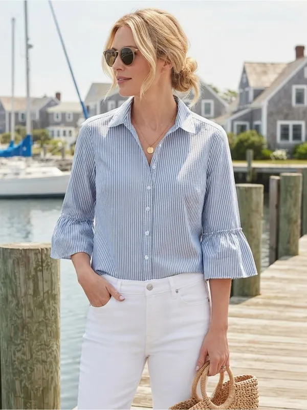Chico's 2 Blue White Striped Button-Down Shirt Womens Large Coastal Preppy EUC - Image 2