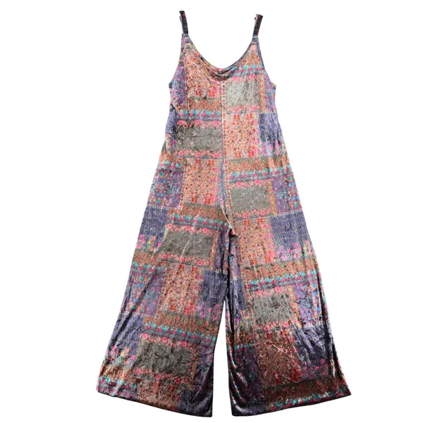 Natural Life Velvet Patchwork Jumpsuit Boho Wide Leg Cropped Floral Whimsigoth - Image 3