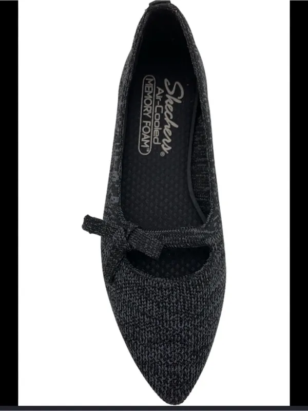 Skechers Black Knit Memory Foam Pointed Ballet Flat with Bow - Image 2