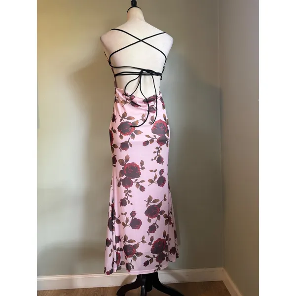 Micas Y2K Pink Floral Mesh Maxi Dress Red Rose Lace Up Open Back M whimsi boho dainty - Image 2