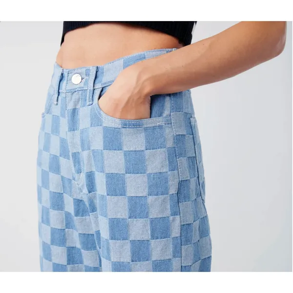 Oak + Fort Checkered Jeans Womens M 24x28 Blue Checkerboard Straight Leg Y2K - Image 2