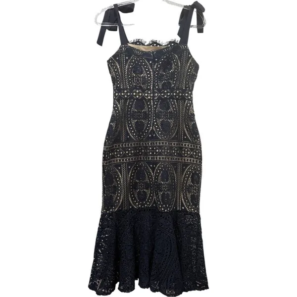 Two Sisters the Label Reneylla‎ Midi Dress Navy Crochet Trumpet Tie Strap Size 4 - Image 7