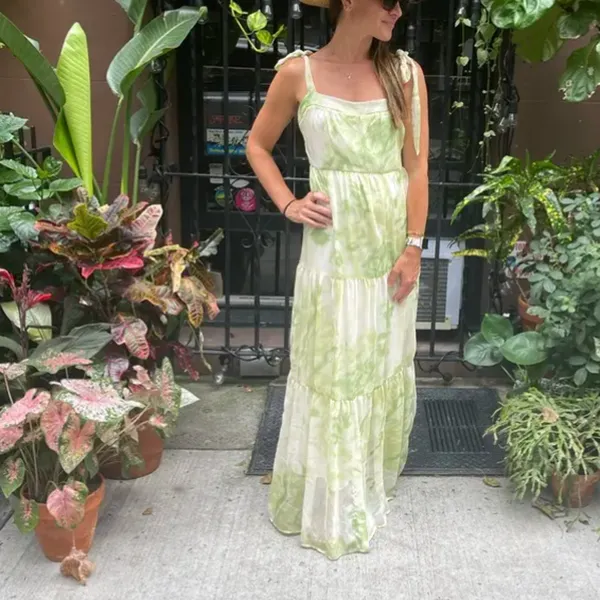 Line + Dot Green Tropical Maxi Dress MEDIUM Tiered Ruffle Cottage Vacation $115 - Image 4