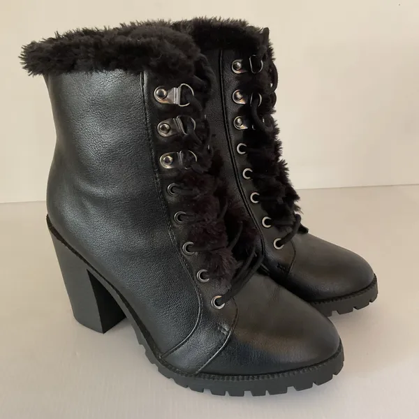Express Faux Fur Trimmed Black Chunky Heeled Combat Platform Boots Sz 7 - Image 3