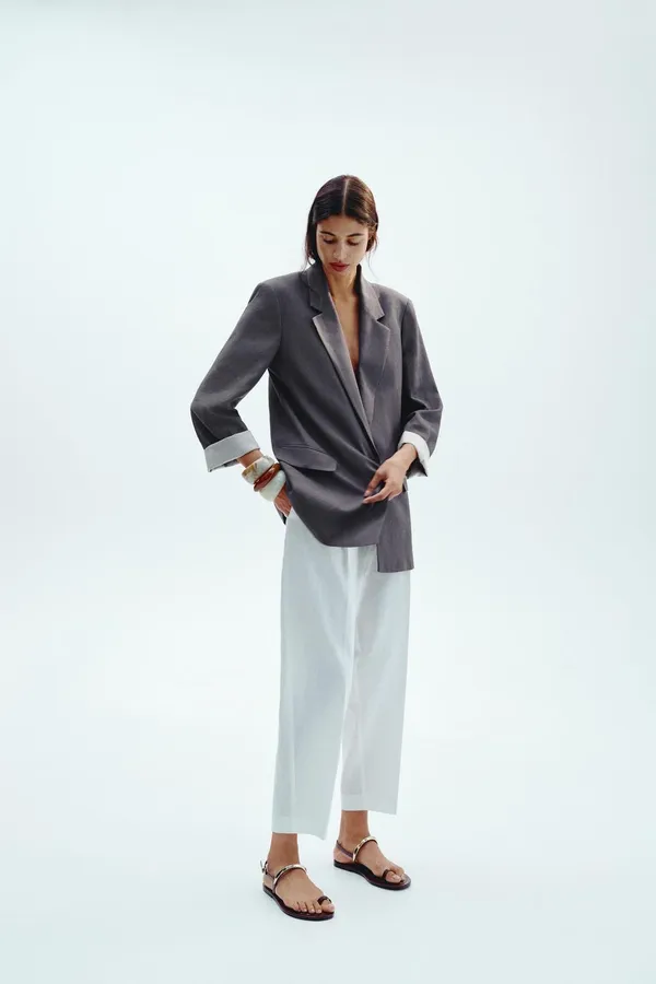 Zara Linen Blend Blazer with printed cuff Grey M - Image 3