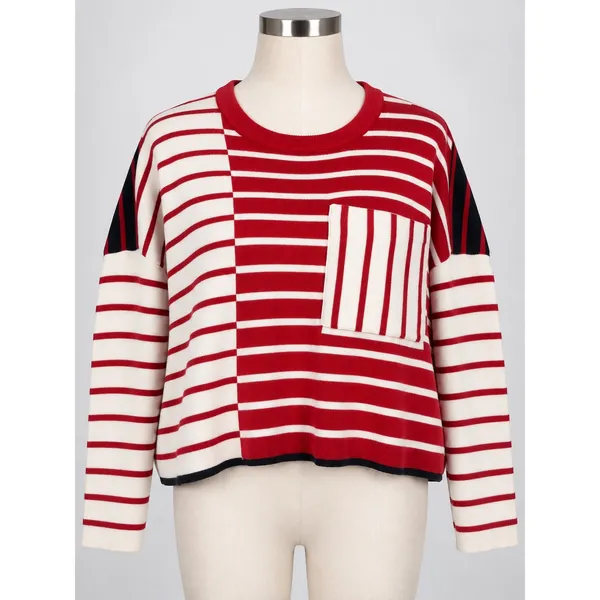 Cabi Oversized Pullover Sweater Picnic Red White Black Striped Pocket Size Small - Image 2