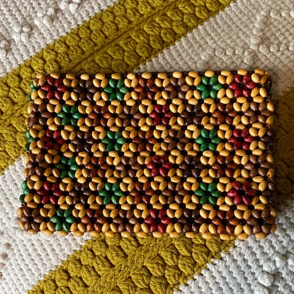 Wood Beaded Bag Small Clutch HANDMADE Brown - Image 3