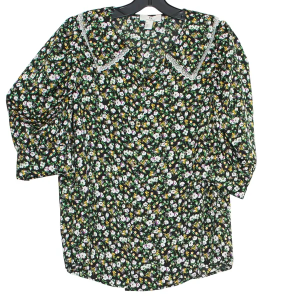 H by Halston Top Ditsy Floral Peter Pan Collar Lace Trim Cottage Button Black Medium - Image 5