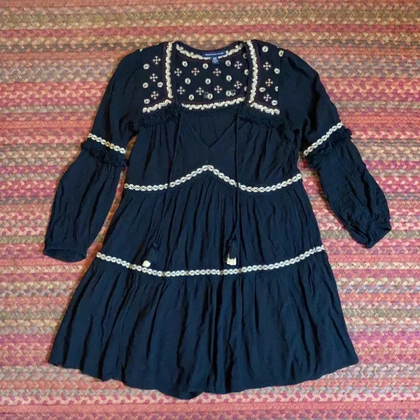 American Eagle Black Embroidered Boho Long Sleeve Mini Dress - Image 4