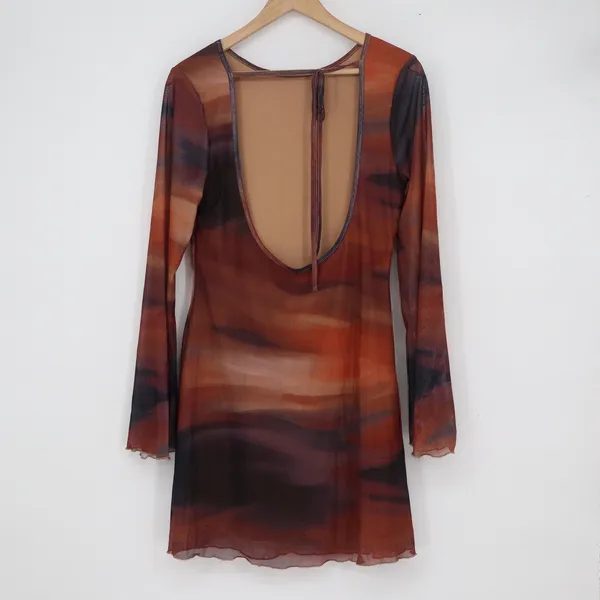 SHEIN Abstract Sunset Mesh Mini Dress Open Back Bell Sleeve Orange Brown Large - Image 4