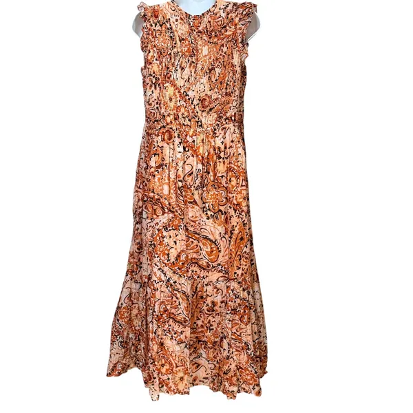 Anthropologie Orange Paisley Smocked Tiered Ruffle Maxi Dress Womens Size M - Image 4