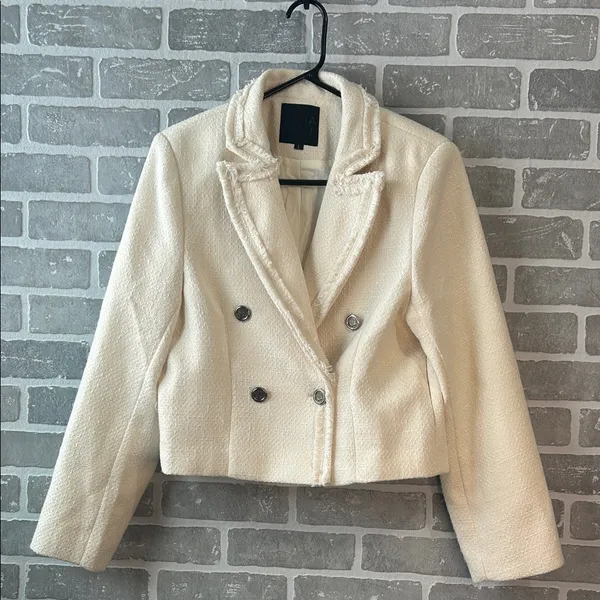 Mina Self Cream‎ Cropped Tweed Blazer Jacket Double Breasted Size L - Image 2