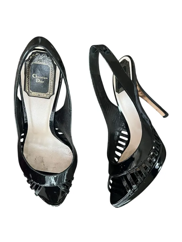 Christian Dior Women’s Whisper Black Patent Leather Peep Toe Sandals Heels 37 - Image 2
