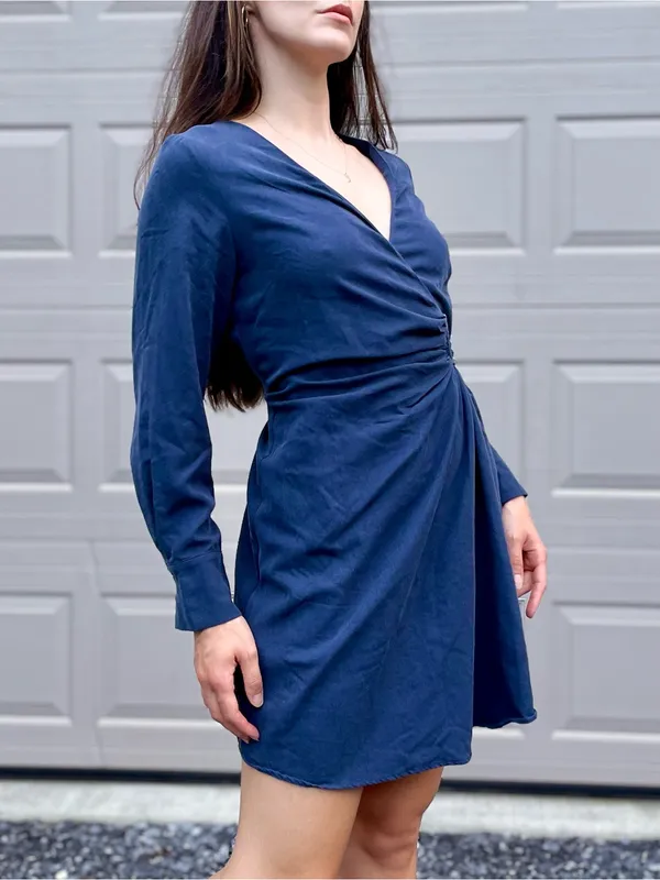 Mango Navy Linen Blend Long Sleeve Wrap Dress Large - Image 4