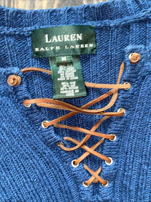 Lauren Ralph Lauren Navy Ribbed linen blend Lace-Up V-Neck Sweater - Image 2