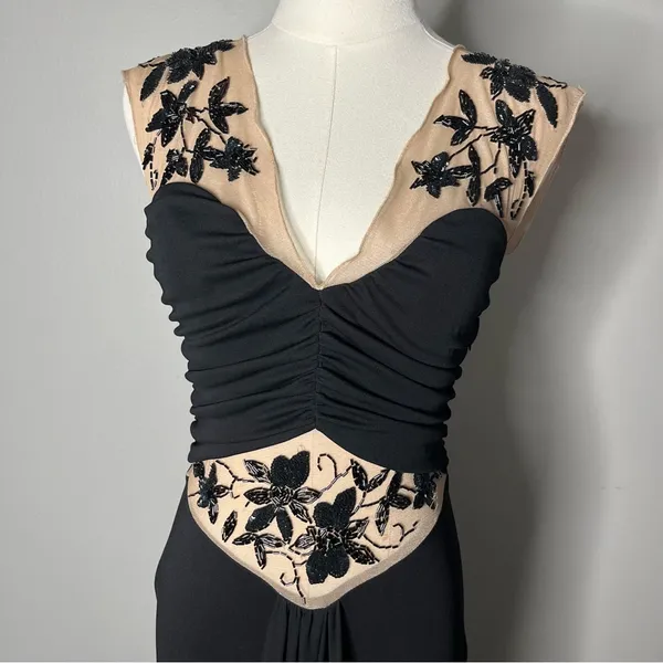 Vintage Cache Illusion Neckline Floral Beaded Mesh Waist Full Length Gown - Image 5