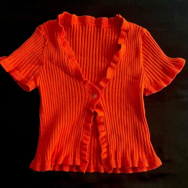 Orange Frill Knit Cropped Cardigan - Image 2