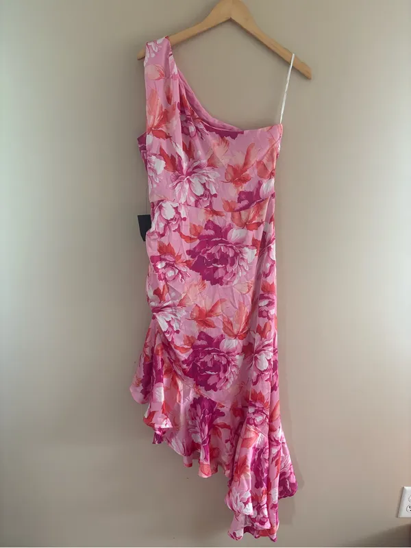 Lulus Divinely Blooming Pink Multi Floral One-Shoulder Midi Dress Size Large NWT - Image 5