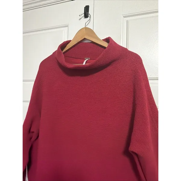 Free People Ottoman Slouchy Tunic Sweater Red Mock Neck‎ Ribbed Knit Small - Image 5