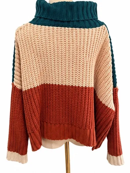 POL Oversized Chunky Knit Color Block Turtleneck Sweater Teal Cream Rust Medium - Image 3