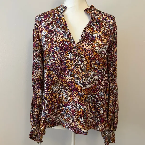 Maeve Geometric Ruffle Cinched Button Collar Blouse Top Balloon Sleeve Size S - Image 3