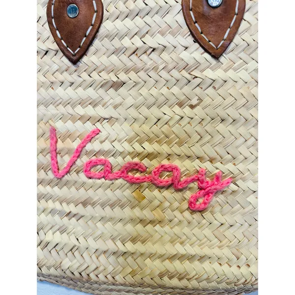 POOLSIDE Woven Straw Open Tote Pink “VACAY” Text Leather Handle Tote Purse - Image 7