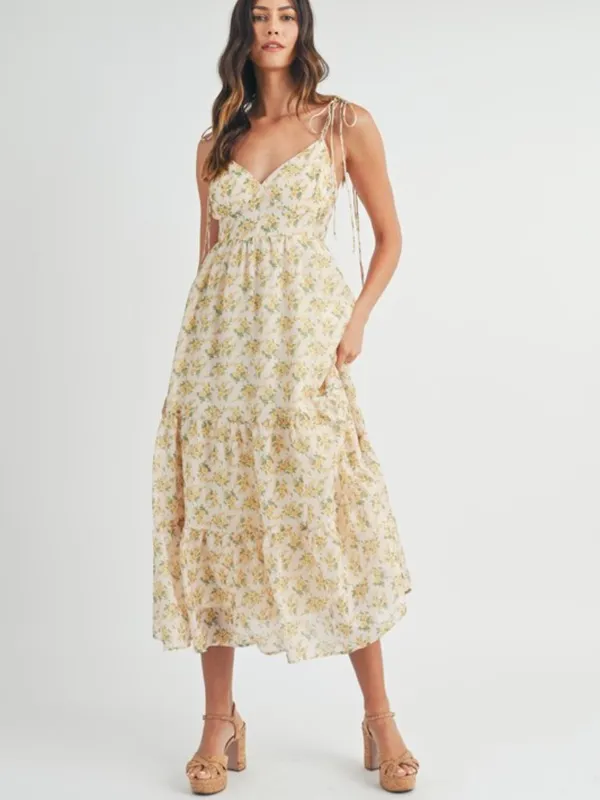 Floral print double self tie spaghetti strap tiered midi dress. Medium - Image 3