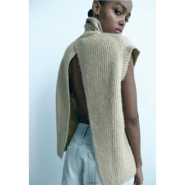 Zara Open Back Cozy Knit Vest Size Small Cream High Neck Chic Quiet Luxury - Image 13