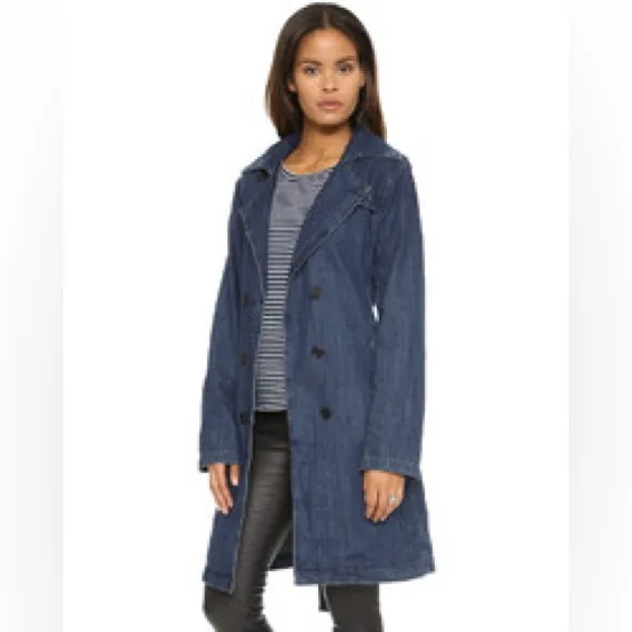 Women's Blank NYC Navy Blue Denim Belted Trench Coat Double Breasted Jacket XS - Image 8