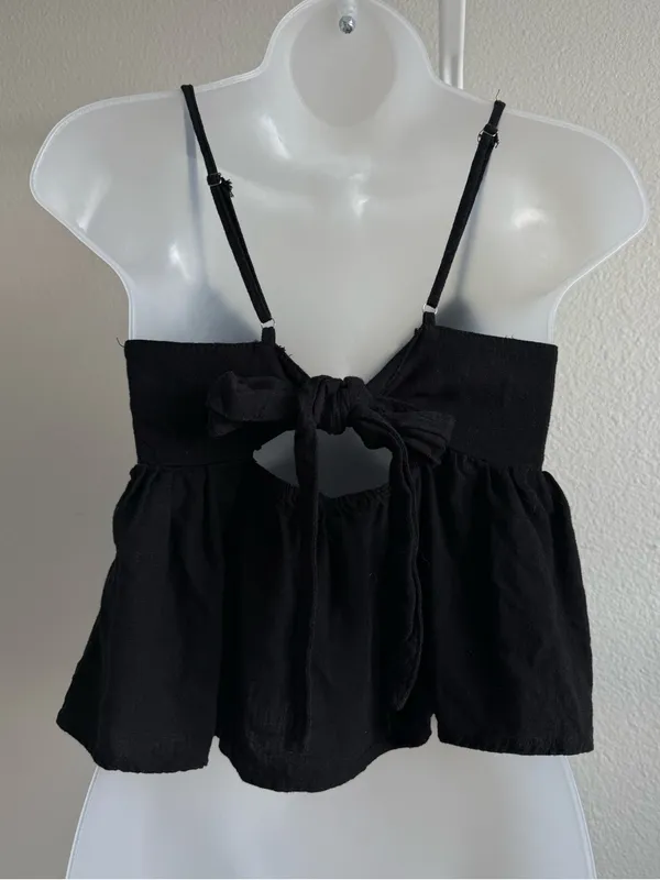 Newbury Kustom Black Linen Blend Lace Trim Peplum Cami Top Open Tie Back Small - Image 2