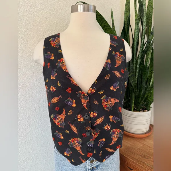Vintage Harvest Cornucopia Vest Cotton Autumn Thanksgiving teacher medium‎ - Image 8