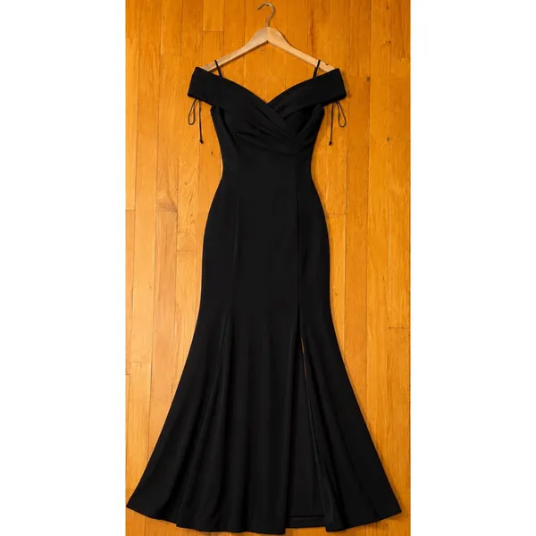 Nightway Black Off Shoulder Evening Gown Size 8 Tall Formal Dress Front Slit - Image 2