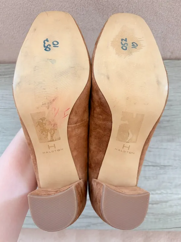 H by Halston Regina Brown Suede 3.25" Block Heel Pump Buckle Ankle Strap Zip 10 - Image 7