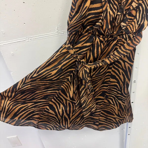 White House Black Market Silk Tiger Print Ruffle Knee Length Dress Brown Blk 00 - Image 4