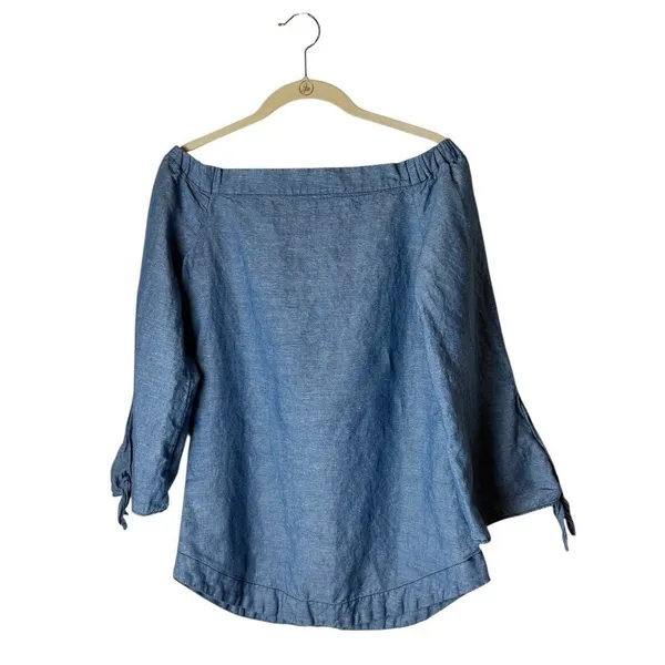 Free People Shirt Women XS Blue Off‎ The Shoulder Chambray Tie Cuff Top Boho - Image 3