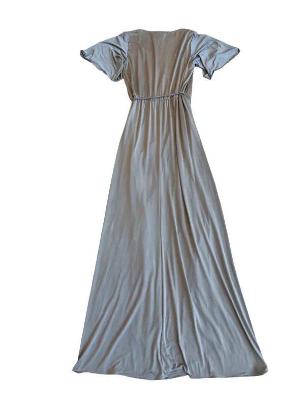 Two Birds Grey Faux Wrap Maxi Dress Flutter Sleeve Long Surplice Medium Women's - Image 8