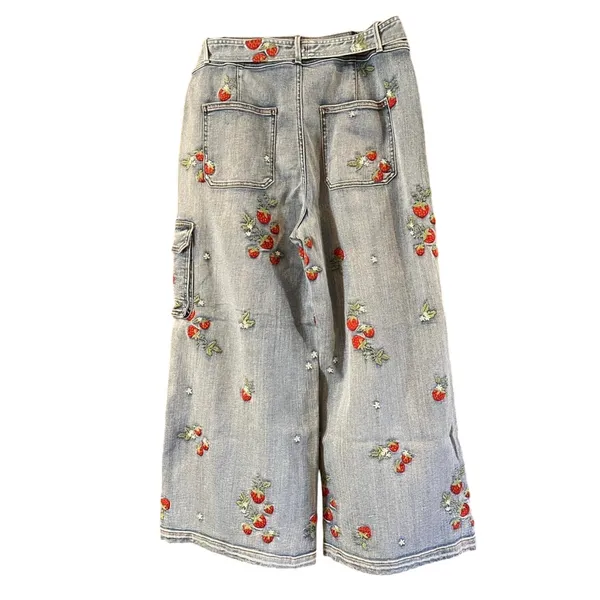Anthropologie Driftwood Olivia High Rise Cargo Jeans Sz 33 Strawberries Wide Leg - Image 2