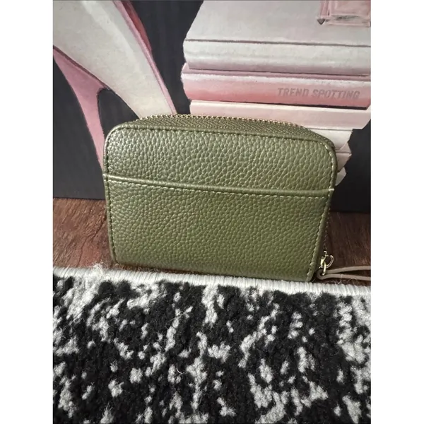 Nanette Lepore Olive Green Pebbled Leather Card Holder with Gold Logo - Image 2