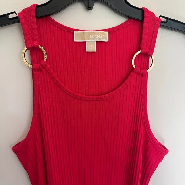 Michael‎ Michael Kors Ribbed Knit Midi Dress Red Pink Ring Shoulder Belted Small - Image 4