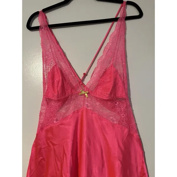Victorias Secret Hot Pink‎ Satin Lace Slip Dress Crossback Negligee Bow - Image 4