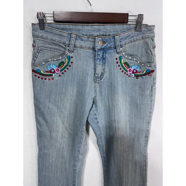A-Z-I Jeans 6 Blue Denim Jeans Women's Embroidered Beaded‎ Flare Y2K Boho Hippie - Image 7