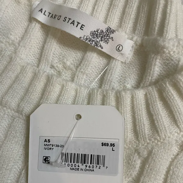 Altar'd State NWT Crew Neck Cable Knit Sweater Antique White Ivory Size L - Image 7