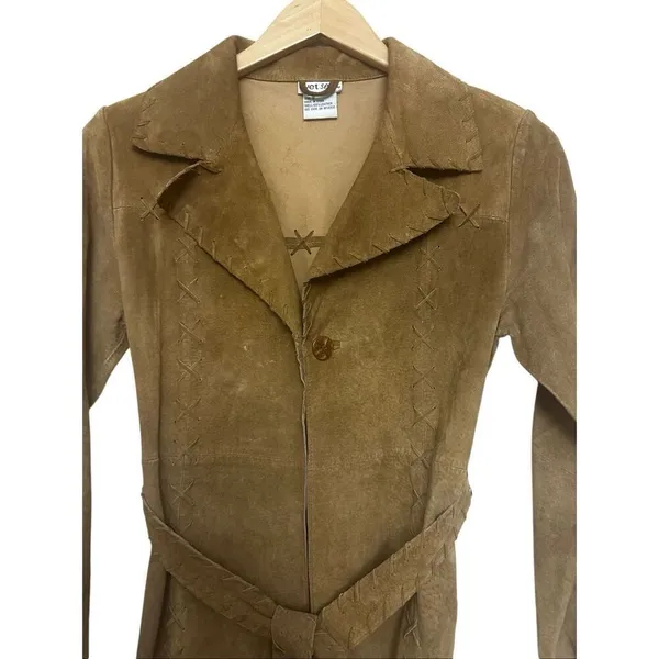 Vintage Y2K Wet Seal Leather Trench Coat Women’ Brown Suede Fringe Boho Western - Image 3