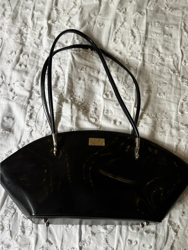 Beijo Black Patent Dome Shoulder Bag with Gold Plaque - Image 2