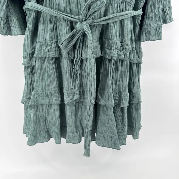 Showpo‎ Green Cotton Tiered Ruffle Mini Dress Belted V-Neck Bell Sleeve Plus 16 - Image 6