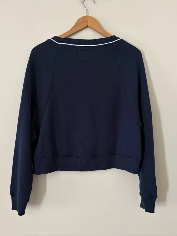American Eagle Navy Cropped Cardigan Sweater White Trim Button Front Preppy S - Image 3