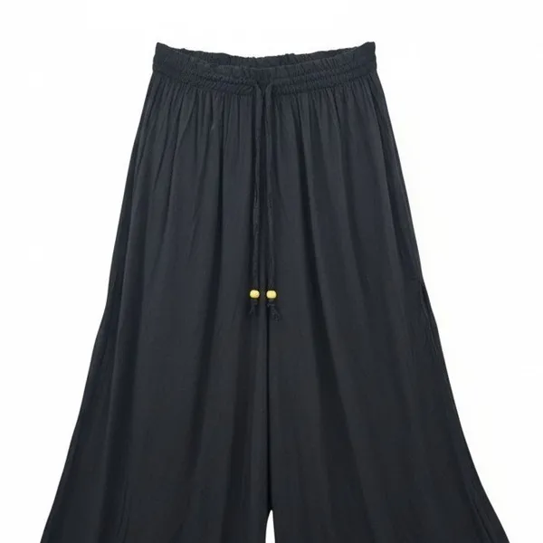 Black Wide Split Flowy Straight Beach Vacation Lounge 90s Pullon Boho Pants XS‎ - Image 5