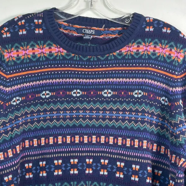 Chaps Denim Womens XL Fair‎ Isle Sweater Blue Multi Cotton Blend Crewneck - Image 6