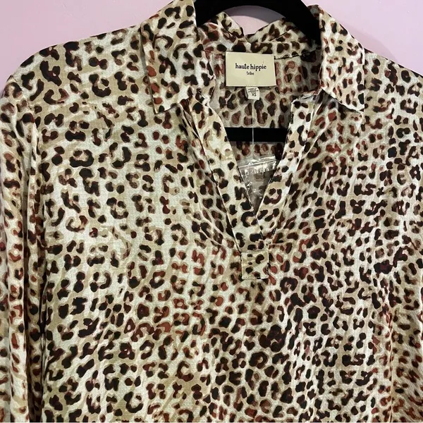 NEW Haute Hippie Tunic Top Sheer Leopard Print Chiffon Boho Modal Popover XS - Image 3
